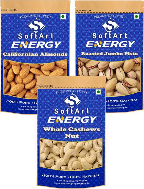 Soft Art Energy Californian Almonds , Jumbo Roasted Pistachios & Whole Cashews Nuts (250g Each) Vacuum Pack Almonds, Pistachios, Cashews