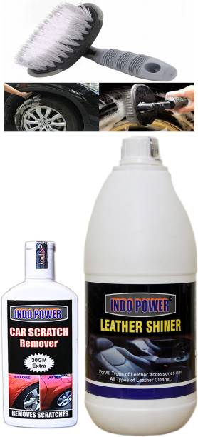 INDOPOWER LEATHER SHINER 1ltr+ Scratch Remover 100gm.+All Tyre Cleaning Brush Combo