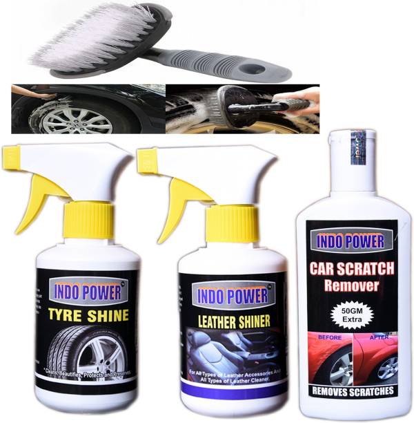 INDOPOWER TYRE SHINER GUN 250ml.+LEATHER SHINER GUN 250ml.+CAR SCRATCH REMOVER 200gm.+All Tyre Cleaning Brush Combo