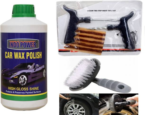 INDOPOWER CAR WAX POLISH 1kg+ Tubelass smart Panchar Kit. +All Tyre Cleaning Brush Combo