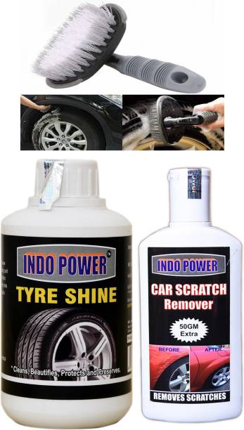 INDOPOWER TYRE SHINER 250ml+ Scratch Remover 200gm.+All Tyre Cleaning Brush Combo