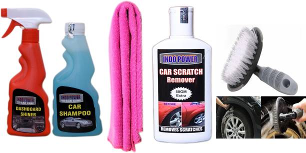INDOPOWER CAR SHAMPOO 250ml+ DASHBOARD SHINER 250ml+ scratch remover 200gm . car microfiber cloth+All Tyre Cleaning Brush Combo