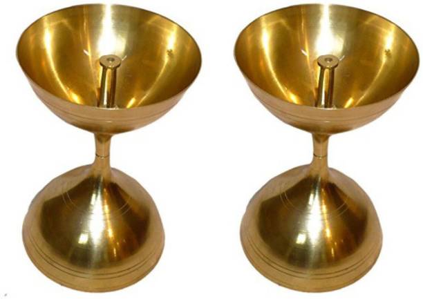 Puja N Pujari Brass Kamal Akhand Diya Oil Lamp for Pooja and Diwali Brass (Pack of 2) Table Diya Set
