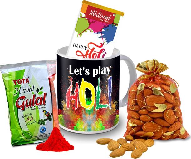 Midiron Holi Gift Hamper with Herbal Gulal, Chocolate Bar, California Almond and Printed Coffee Mug Ceramic Gift Box