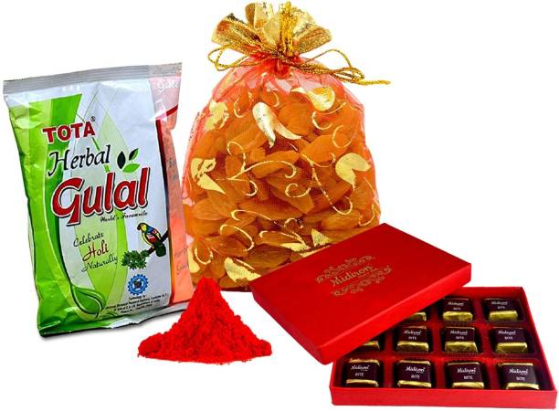 Midiron Holi Gift Hamper with Herbal Gulal, Milk chocolate Bax and Raisin in decorative Pouch Ceramic Gift Box