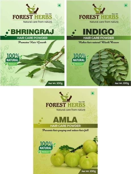 Forest Herbs 100% Pure & Natural Organic Indigo, Bhringraj and Amla Powder Each 100Gms