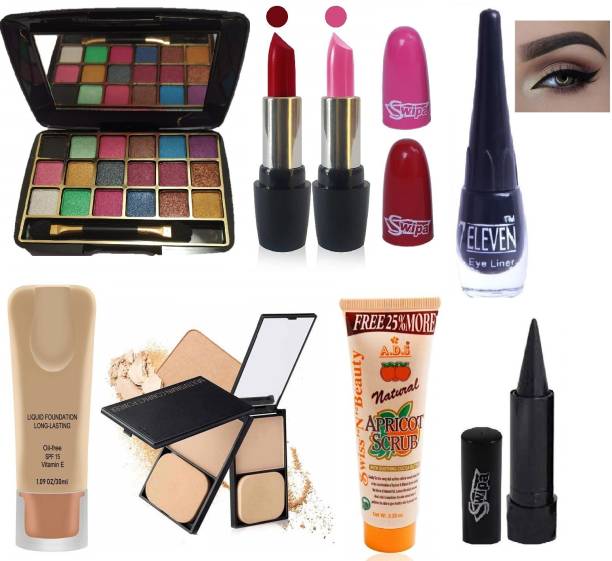 SWIPA 18 Colour Mini Eyeshadow+Pink Red Lipstick+Eyeliner+Foundatio+Compact+Scrub(50gm)+KajalH