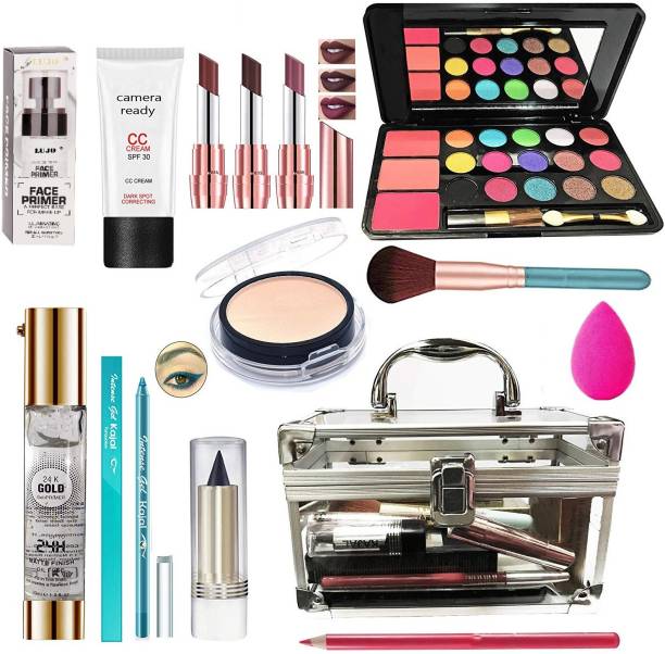 lujo All In One Makeup Kit (3 Lipstick,1 EyeShadow,1 CC Cream, Compact,Primer,Gold primer,Gel Kajal,Kajal, Lip Liner, 1 Makeup Brush,1 Makeup Puff,1 Multi-purpose Makeup Box) Set of 14 Pcs (Maroon) (14 Items in the set)