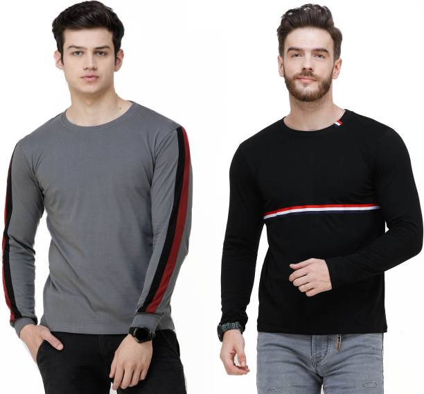 Pack of 2 Men Solid Round Neck Multicolor T-Shirt Price in India