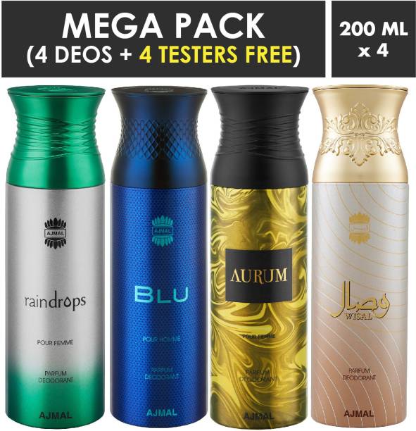 Ajmal Raindrops & Blu & Aurum & Wisal Deodorant Spray + 4 Testers Deodorant Spray  -  For Men & Women