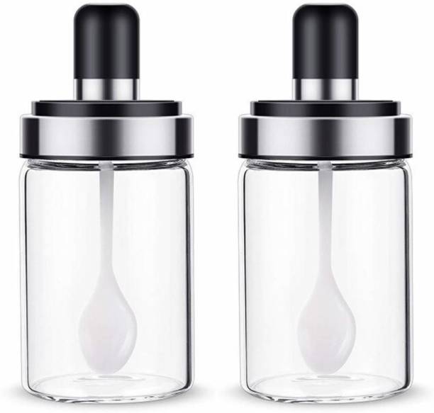 Crizer ENTERPRISE Borosilicate Glass Food and Pickle Storage Spice Jar with Spoon,Spices and Seasonings Set, Salt Condiment Container,Glass Spice Bottles for Home & Restaurants- 250Ml, Set of 2 2 Piece Spice Set