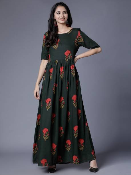 Vishudh Women Maxi Dark Green, Red Dress
