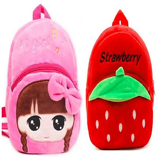 Lychee Bags Combo of velvet kids school bags Hi girls and Strawberry red Backpack