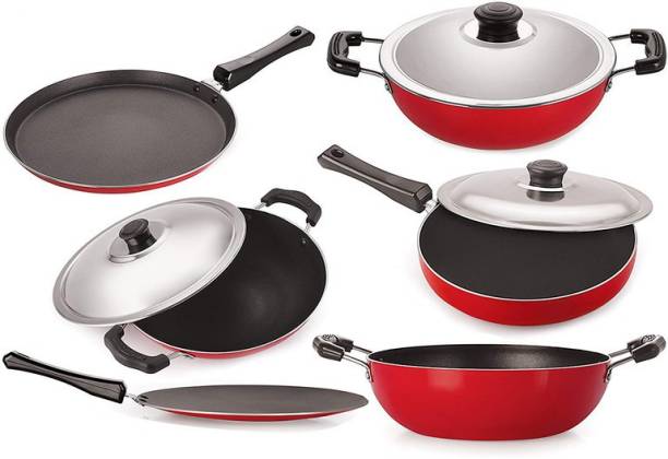 NIRLON Non-Stick Cookware Kitchen Utensil Combo Set, Red & Black Cookware Set