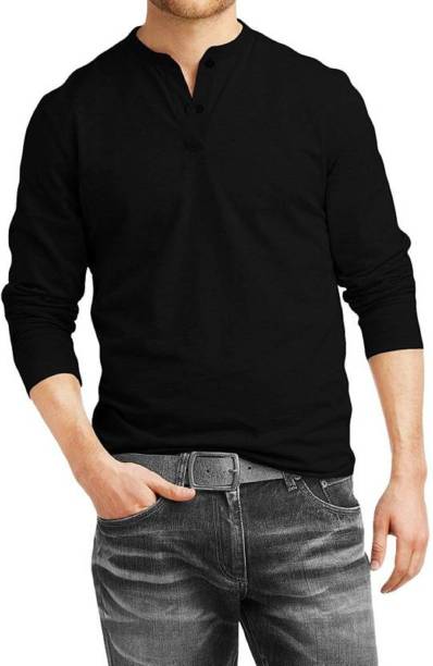 Men Solid Henley Neck Cotton Blend Black T-Shirt Price in India