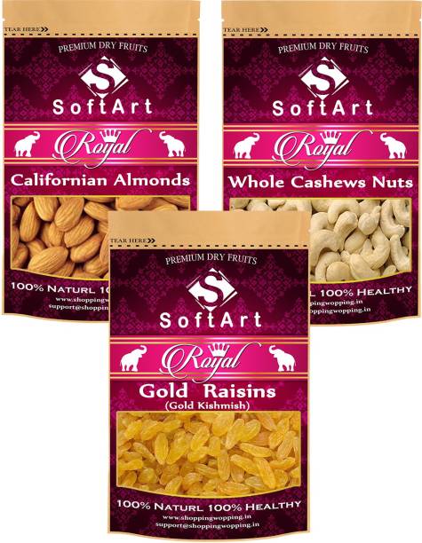 Soft Art Royal Californian Almonds , Whole Cashews Nuts & Gold Kishmish (Gold Raisins) (250g Each) Vacuum Pack Almonds, Cashews, Raisins