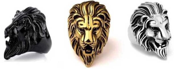 vien Stain Steel King Lion RingGold Silver Black Lion Head Ring 3 Pair Combo Metal Gold, Silver Plated Ring Set for Men and Boys Stainless Steel Titanium Plated Ring Set