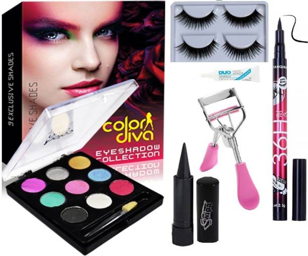 SWIPA Kajal+9Colour Eyeshadow+2Pcs Eyelash And Glue and Eyelash Curler+36Hrs Eyeliner Pen