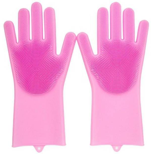 Connectwide Magic Silicone Dishwashing Gloves, Scrubber Reusable Cleaning Gloves Heat Resistant Great for Household, Kitchen, Bathroom, Car Washing, Pet Hair Care1 Pair (Left + Right) Wet and Dry Glove