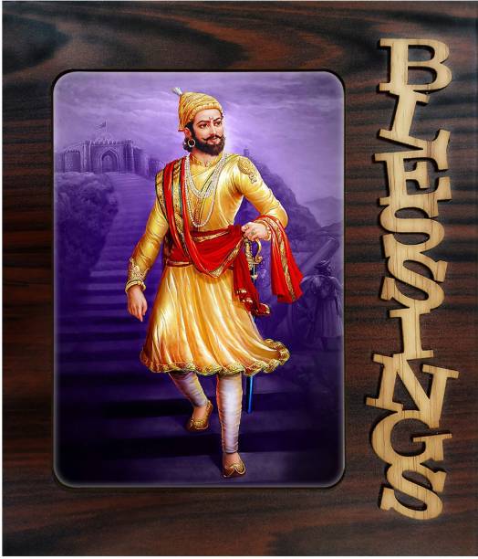 Poster N Frames Decorative Blessings Hand Crafted Wooden table with photo of Chattrapati Shivaji Maharaj 801 Digital Reprint 7.75 inch x 9 inch Painting