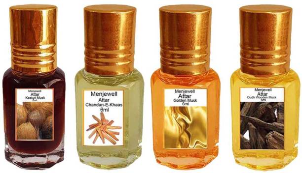 Menjewell Pack of 4Pc Attar Kasturi Musk 6ml, Chandan-E-Khaas 6ml, Golden Musk 6ml, Oudh Wooden Musk 6ml Natural Itra/Attar/ Perfume Floral Attar