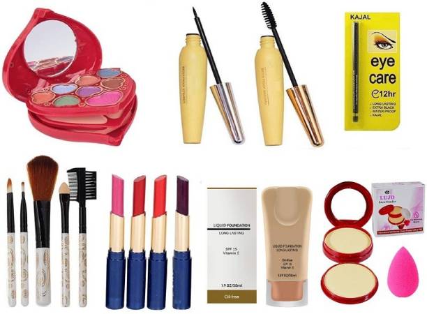 lujo Puff+2in1 Compact+Foundation+4Pcs Lipstick+12hrs Eyecare Kajal+5Pcs Brush+Kit+Eyeliner+Mascara (Pack of 17)