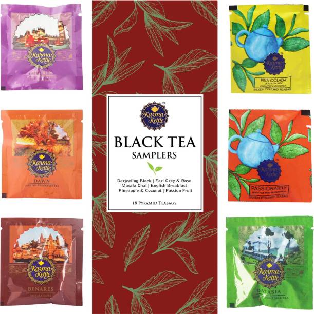 Karma Kettle 100% Natural Black Tea Sampler Box, 3 tea bags each 6 different Flavour, 18 Pyramid tea bags Mixed Fruit, Pineapple, Apple, Spices Black Tea Box