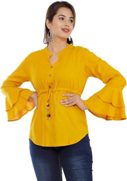 Silkova Casual Flute Sleeve Solid Women Yellow Top