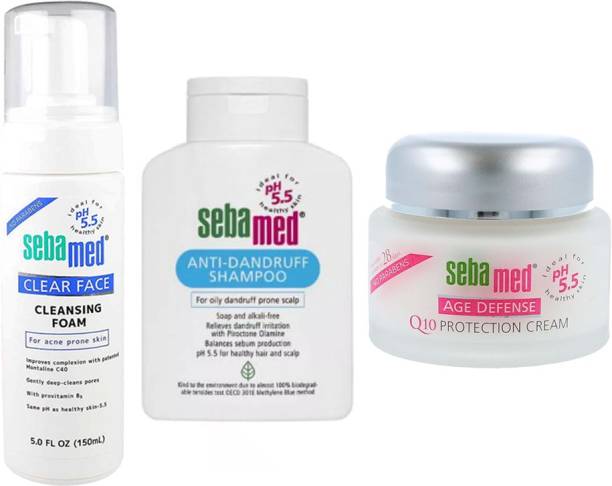 Sebamed Age reduction Pack with skin & hair care - Clear Face Cleansing foam ( 150 ML)+Dandruff Shampoo(200ml)+Q10 protection cream(50ml)