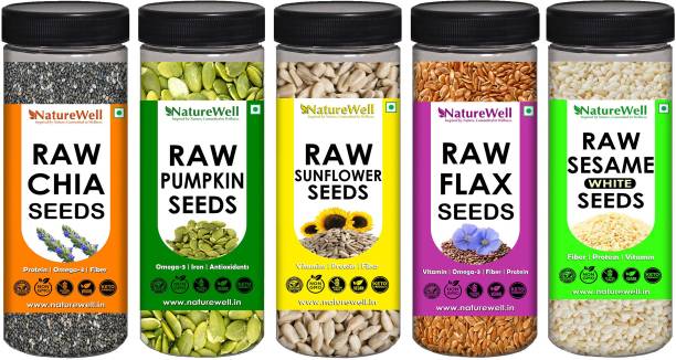 Naturewell Combo Pack of Chia Seeds 200g ,Flax Seeds 200g ,Sesame Seeds 150g ,Sunflower Seeds 150g ,Pumpkin Seeds 150g (Raw Seeds)