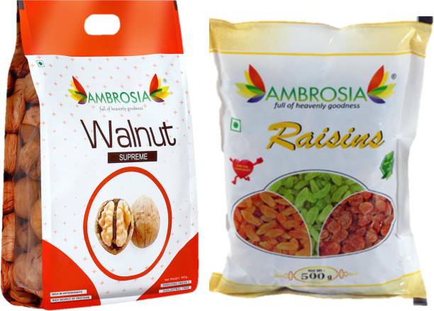 AMBROSIA Nuts Daily SuperFoods Pack 1Kg ( Raisins 500g & Walnut in Shell 500g) Walnuts