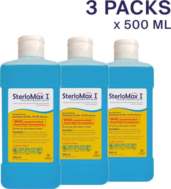 SterloMax Pack of 3 - 75% Isopropyl Alcohol-based Hand Rub Sanitizer and Disinfectant 500 ML Hand Sanitizer Bottle
