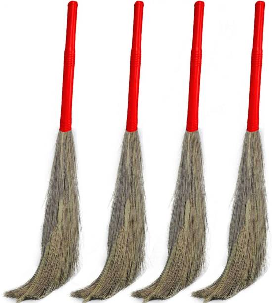 Bonbella Assami Natural Grass PLASTIC 4 Pcs Pack of PLASTIC Pipe Brooms for Floor Dust Cleaning | Jhadu red , Full Grass Dry Broom