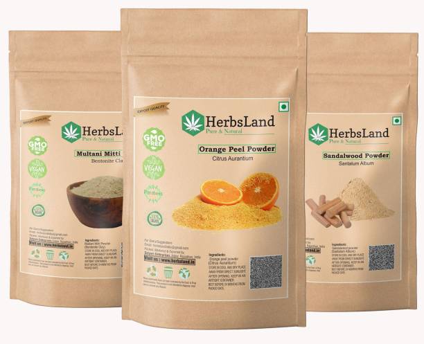 HerbsLand 100% Bio Organic Multani Mitti (Fuller's Earth) Orange Peel Sandalwood Powder (Chandan) for Face and Skin (100g Each)