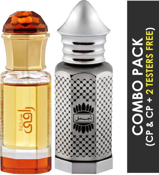 Ajmal Mukhallat Raaqi Concentrated Perfume Oil Floral Fruity Alcohol-free Attar 10ml for Unisex and Asher Concentrated Perfume Oil Oriental Alcohol-free Attar 12ml for Unisex + 2 Parfum Testers FREE Floral Attar