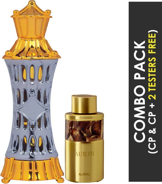 Ajmal Mizyaan Concentrated Perfume Oil Oriental Musky Alcohol-free Attar 14ml for Unisex and Aurum Concentrated Perfume Oil Fruity Floral Alcohol-free Attar 10ml for Women + 2 Parfum Testers FREE Floral Attar