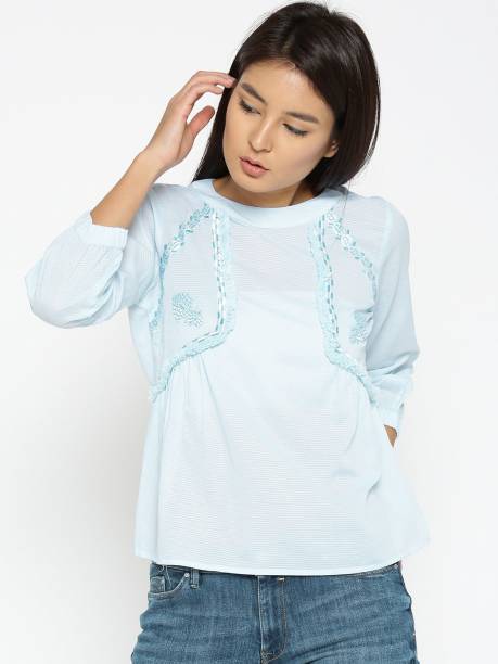 Style Quotient Casual Cuffed Sleeve Embellished Women Blue Top