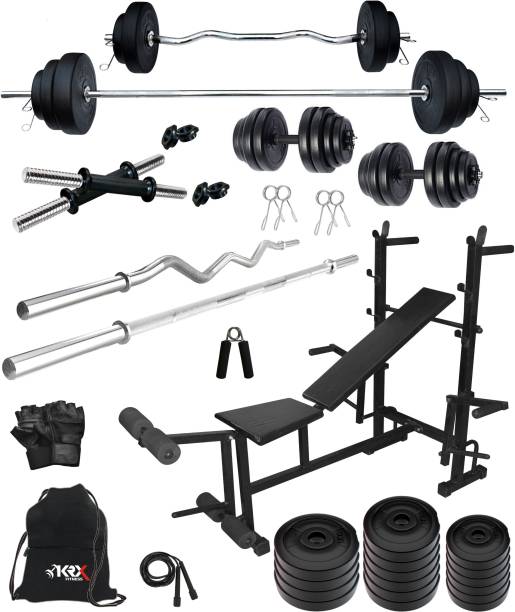 KRX PVC 50 Kg with 3 Ft Curl & 5 Ft plain Rod, 1 Pair Dumbbell Rods, 8 in 1 Bench Home Gym Kit