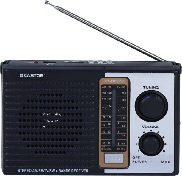 CASTOR CTFM100U Portable Radio, USBSDMP3 Player & Dynamic Speaker 4 Band, Black FM Radio