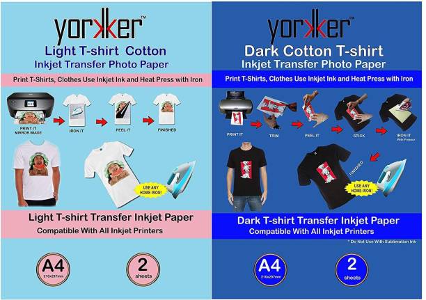 Yorkker Combo pack of PC T-shirt Dark Cotton & LC T-shirt Light Cotton Inkjet Transfer Paper DIY Print T-Shirts, Clothes Use Inkjet Ink and Heat Press with Iron (A4 X 2+2 total 4 Sheet) Unruled A4 120 gsm Transfer Paper