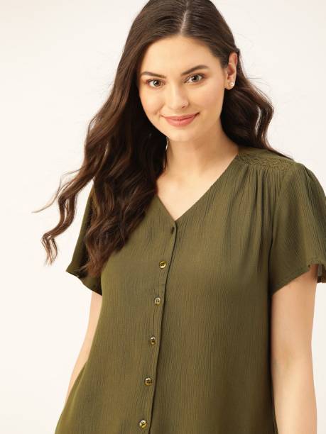 Dressberry Casual Short Sleeve Solid Women Green Top