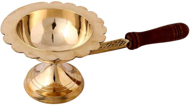 Puja N Pujari Brass Aarti Lamp/Dhoop Stand with Wooden Handle Brass Table Diya