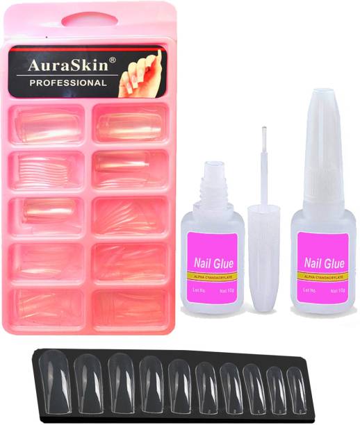AuraSkin Gorgeous 100pcs Reuseable Transparent Artificial Nail Tips Best False Nails with 10ml Strong Nail Glue Transparent