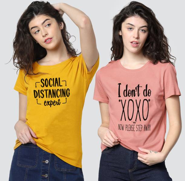 Young trendz Typography Women Round Neck Pink, Yellow T-Shirt