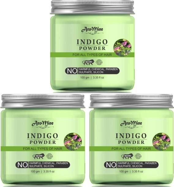 AroMine Organic 100% Pure Indigo Powder for Hair Color (NO Chemicals & Artificial Color)-Packof-3-Jar-