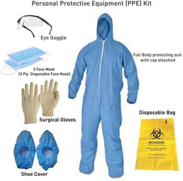 Techobucks Health care PPE KIT with full bodysuit cover, Hand Gloves , Head cover, 3 Ply Face Mask, Goggles, Shoe Cover & Bio Medical Waste Bag Safety Jacket