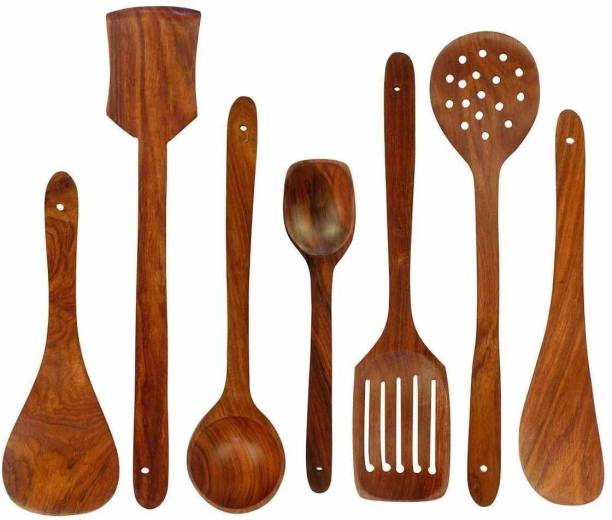 LUNATIC CRAFTWORK COOKINGSPN-7 Wooden cooking and serving spoon set OF 7 Brown Kitchen Tool Set of 7 (Brown) Brown Kitchen Tool Set