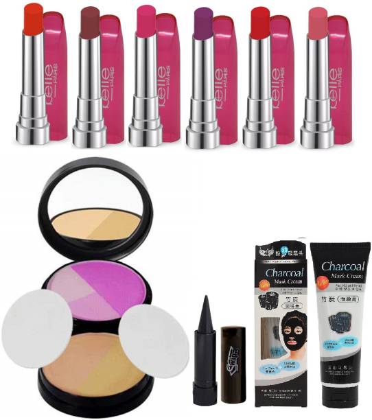 SWIPA Face And Lip makeup Combo(Kajal,6Pcs Lipstick,multi compact powder,charcoal mask)