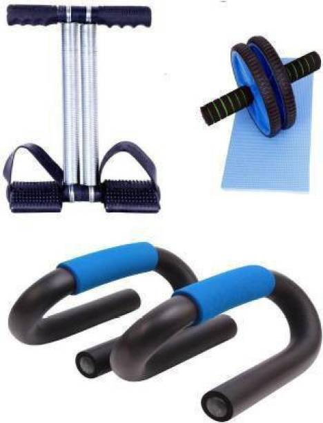 JK Double Spring Tummy Trimmer With Ab Wheel Exerciser with Blue pushup Stand Fitness Accessory Kit Kit