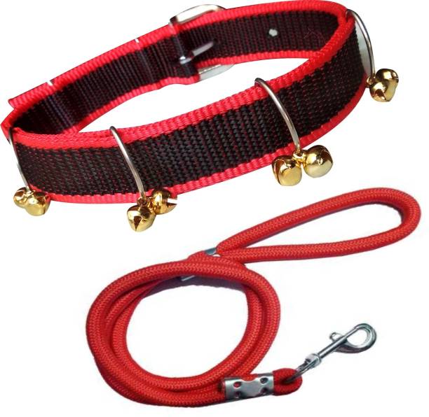 BODY BUILDING Nylon Dog Belt Combo of Red Black Ghungroo Collar with Red Lead 1.5m Lengthy Dog Collar & Leash